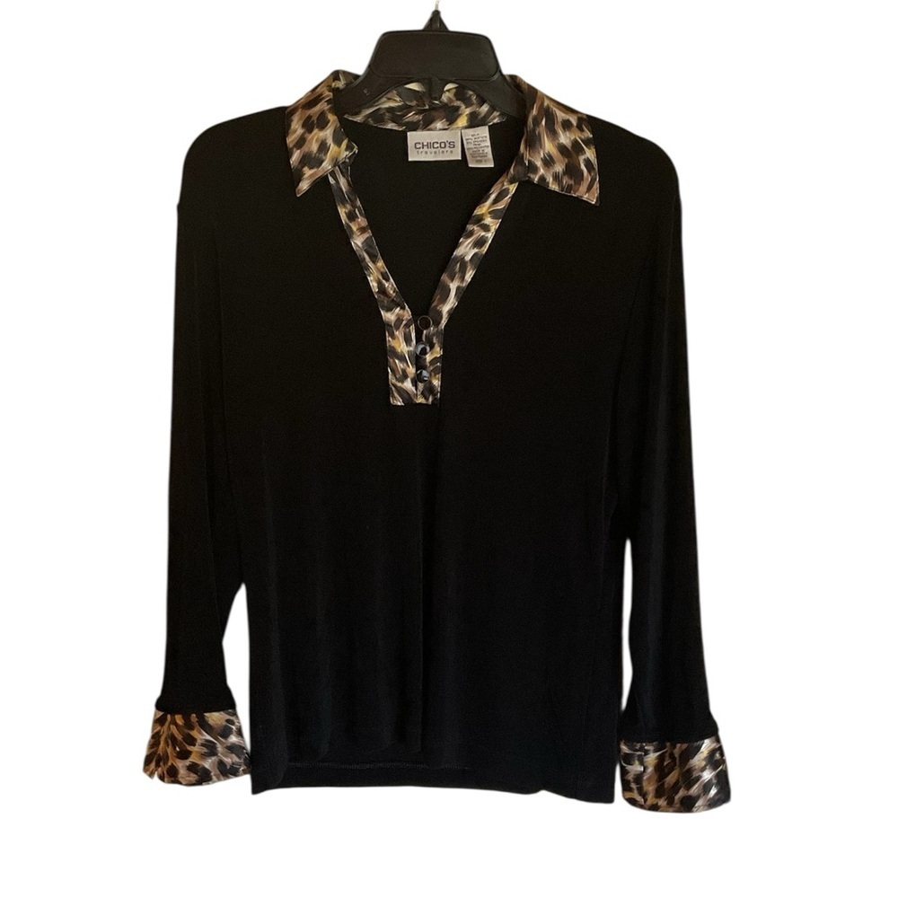 Chico’s Long Sleeve Black Shirt With Animal Print Accents - Picture 2 of 5